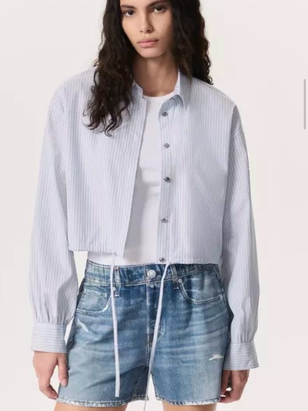 rag & bone Light Blue Pinstripe Cropped Button-Up Shirt